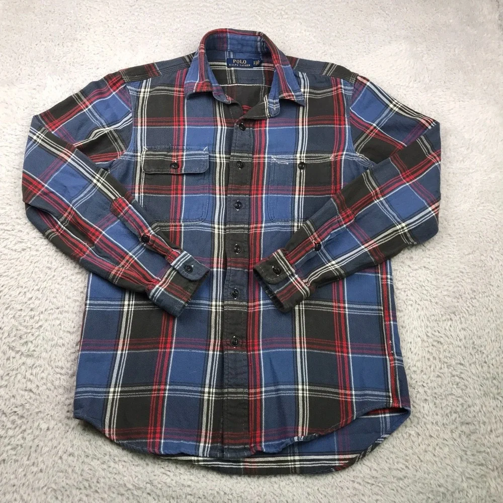 Polo Ralph Lauren Shirt Mens S Blue Plaid Flannel Button Up Pocket Long Sleeve